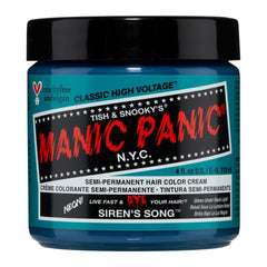 MANIC PANIC Siren's Song bottle close-up shows vibrant neon blue-green color for bold DIY dye.