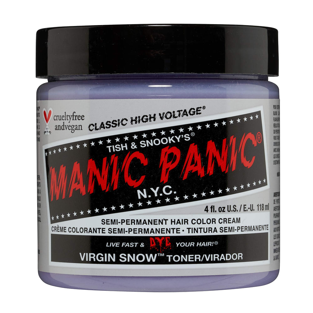 MANIC PANIC Virgin Snow Blonde Toner bottle demonstrates brassy removal for light blonde hair