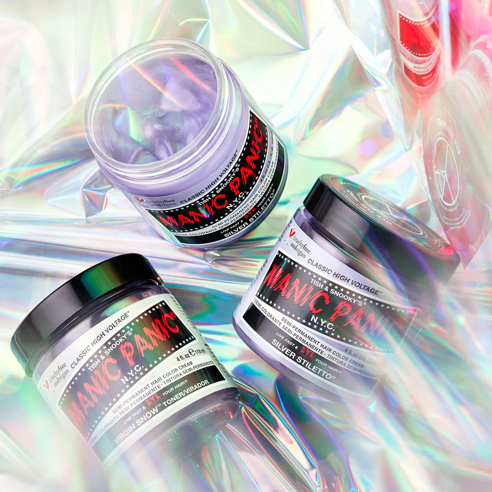 MANIC PANIC Virgin Snow Blonde Toner packaging shows vegan cruelty-free branding