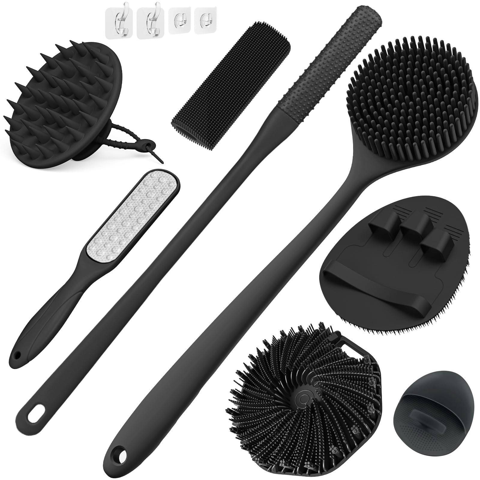 Manmihealth silicone back scrubber with long handle for easy back cleaning and exfoliation.