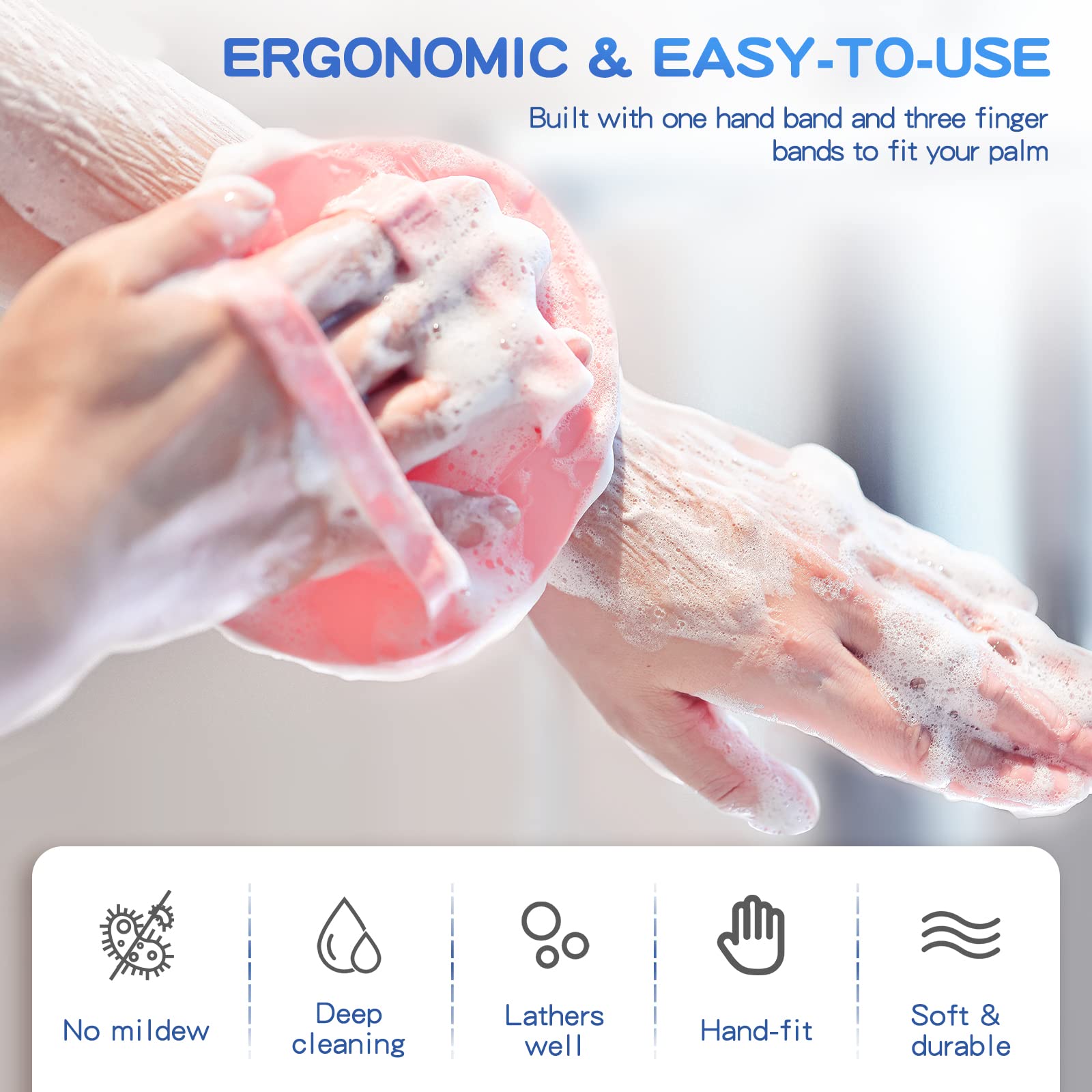 Manmihealth soft silicone shower brush ergonomic-grip demonstrates secure non-slip handling.