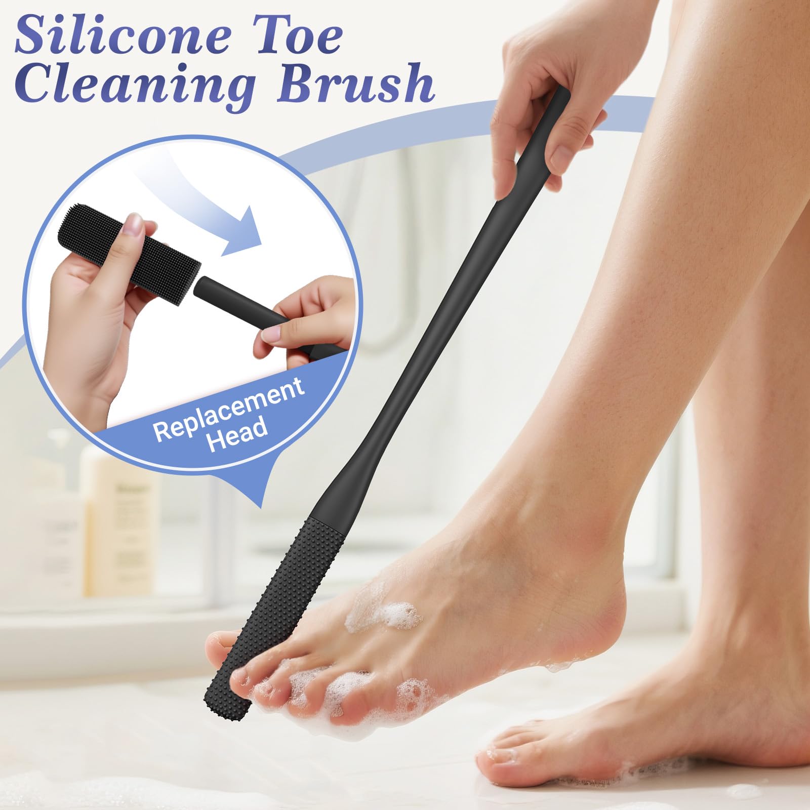 Manmihealth toe-cleaner head reaching toe crevices for thorough cleaning.