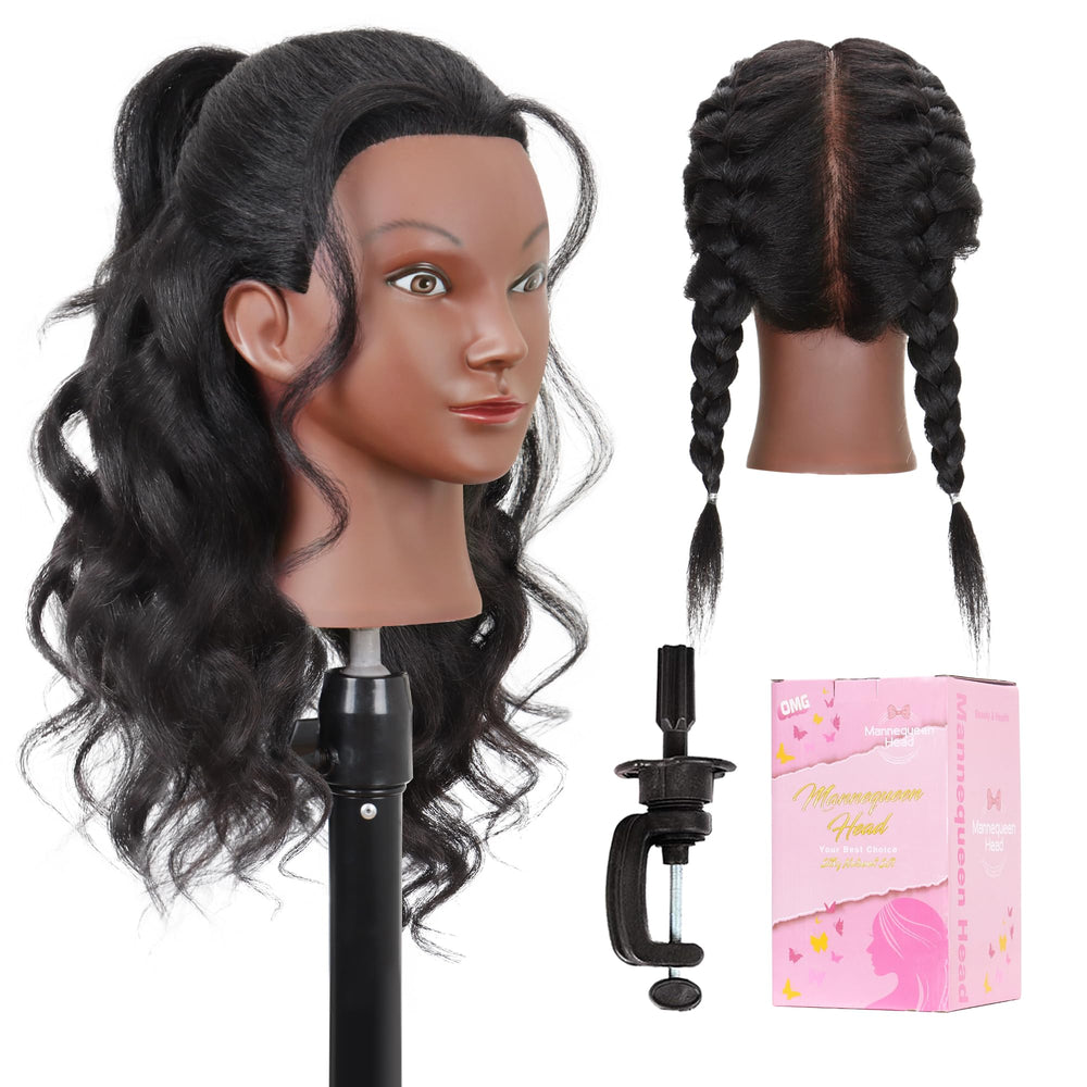 MannequeenHead 16in human hair manikin head for lifelike styling practice.