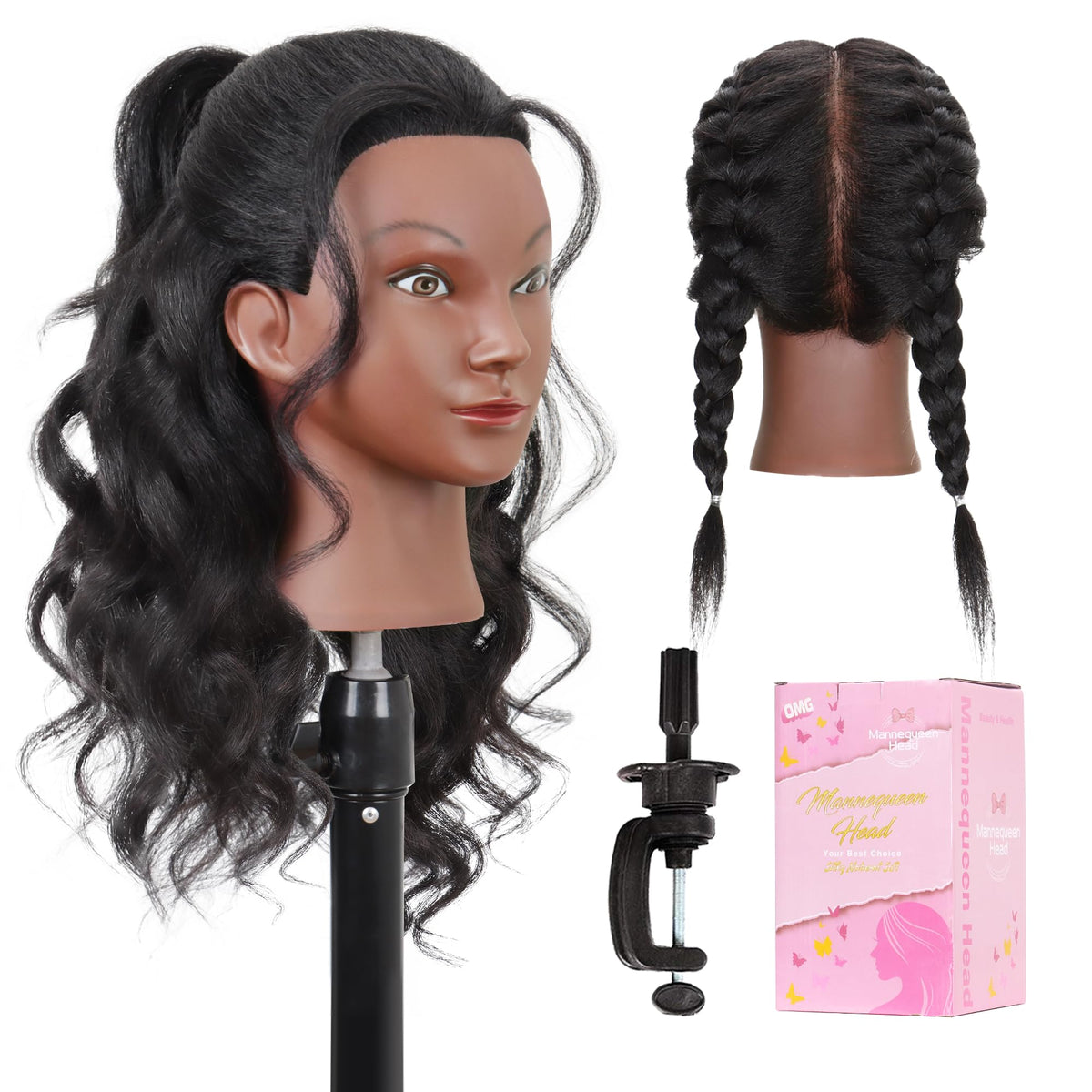 MannequeenHead 16in human hair manikin head for lifelike styling practice.