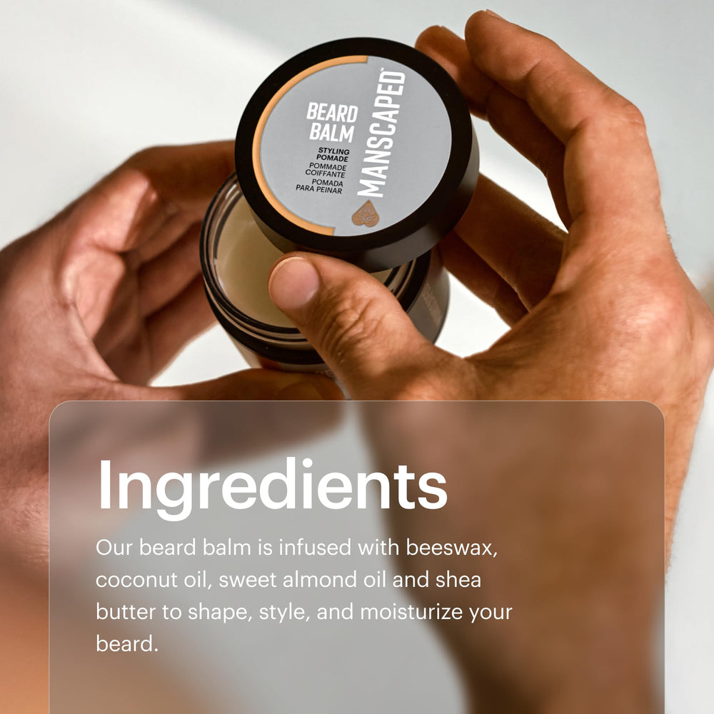 MANSCAPED Beard Balm scent flatlay evokes refreshing grooming ritual.