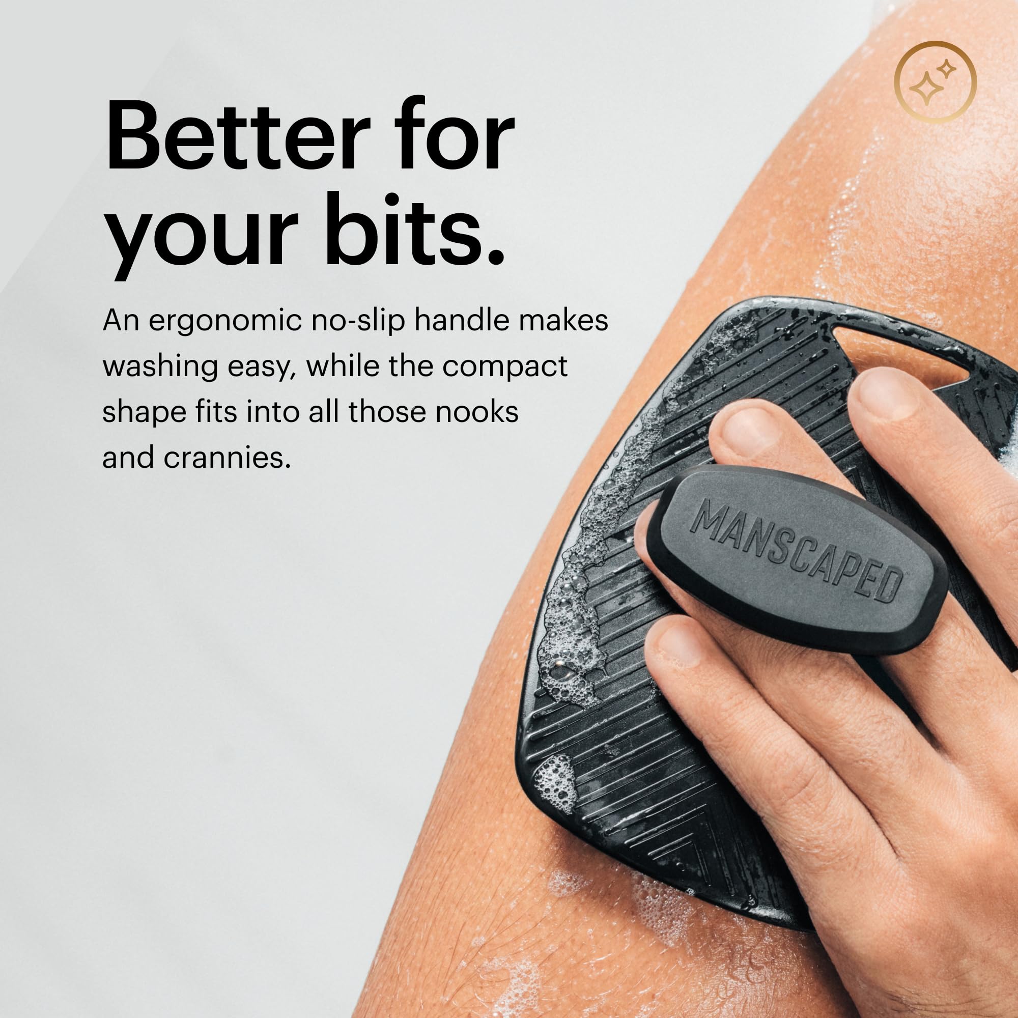 MANSCAPED The Body Buffer hanging feature image highlights easy storage and quick drying.