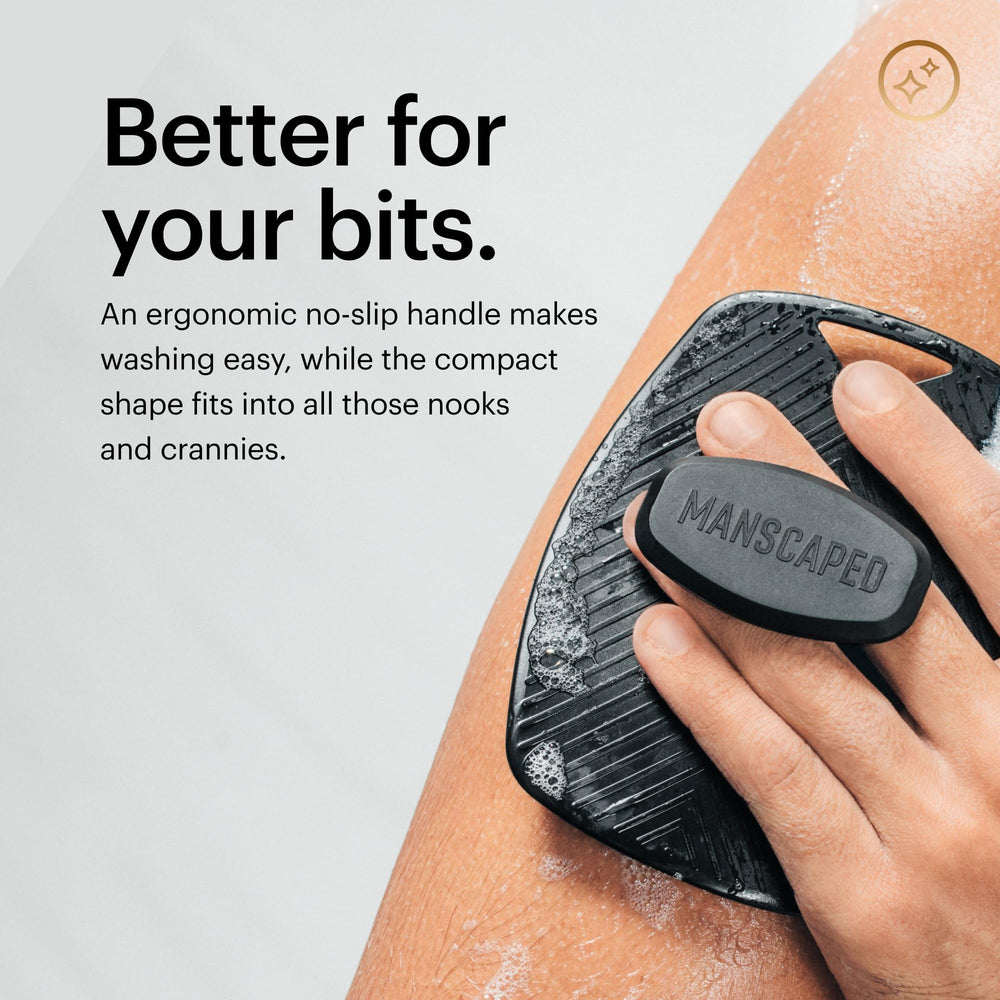 MANSCAPED The Body Buffer hanging feature image highlights easy storage and quick drying.