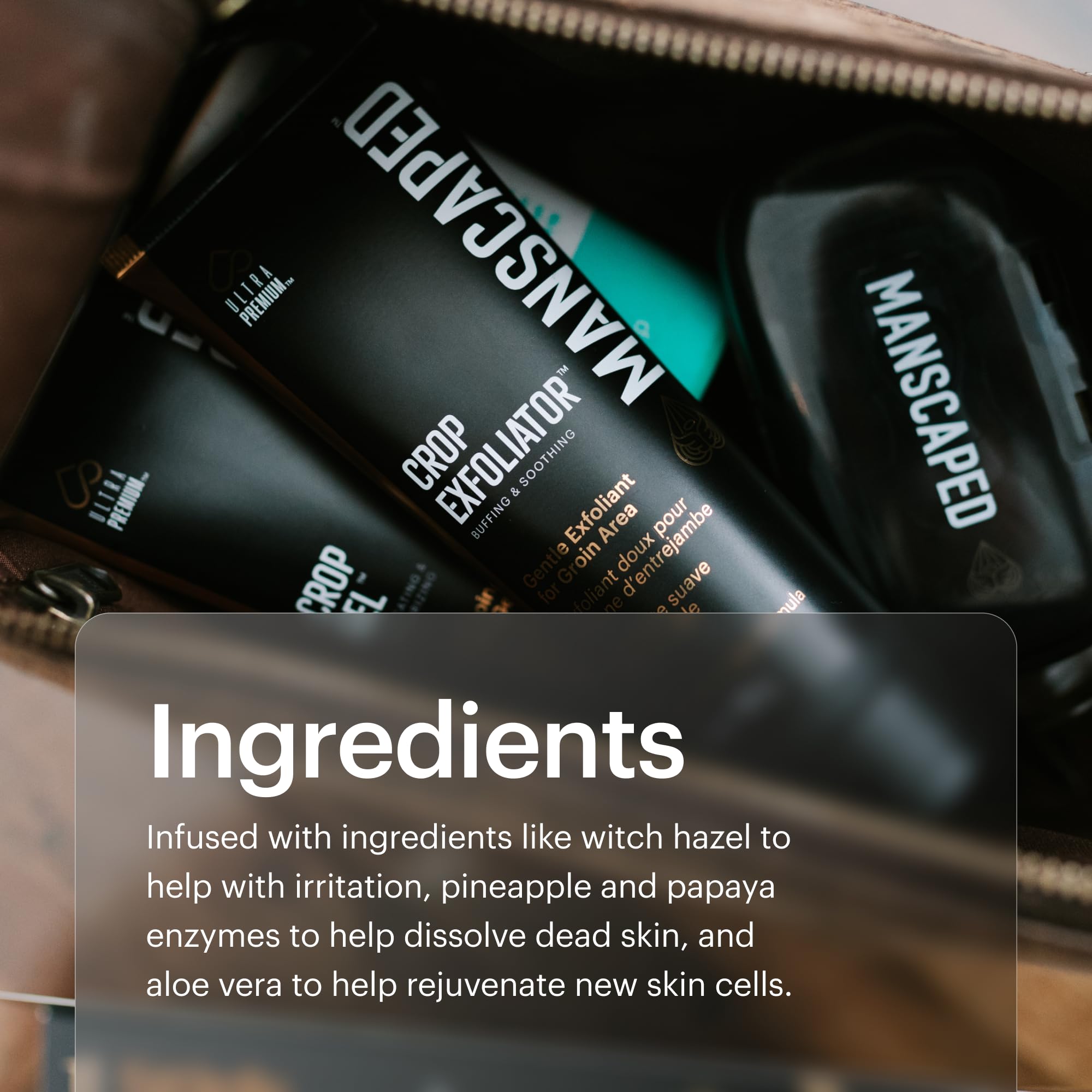 MANSCAPED Crop Exfoliator packaging notes dermatologist-tested formulation