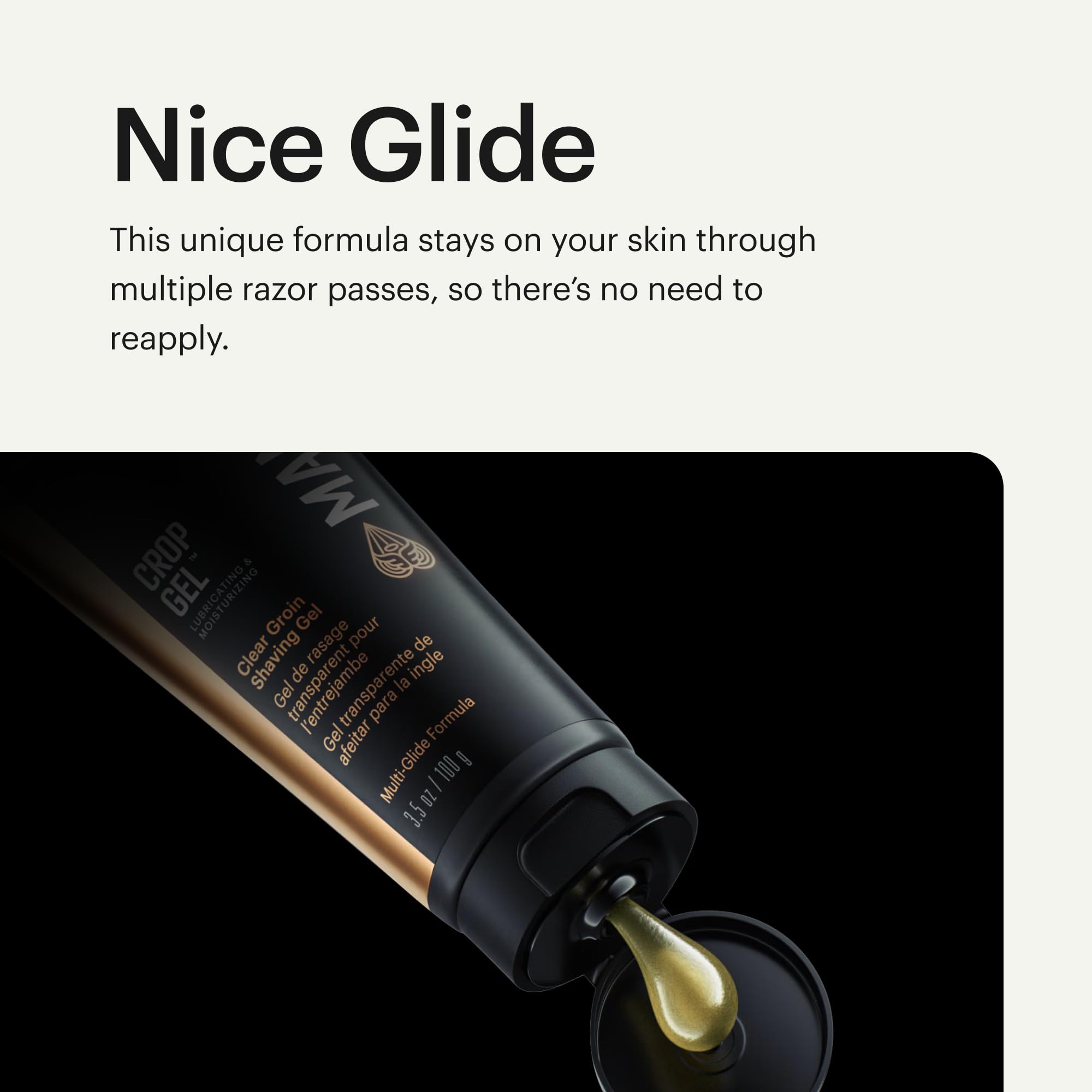 MANSCAPED Crop Gel Clear highlights vegan ingredients like grapeseed and jojoba.