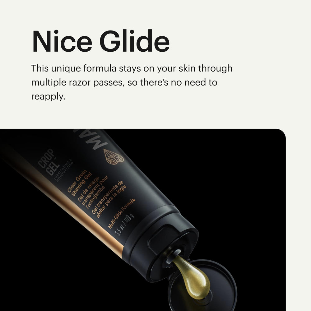 MANSCAPED Crop Gel Clear highlights vegan ingredients like grapeseed and jojoba.