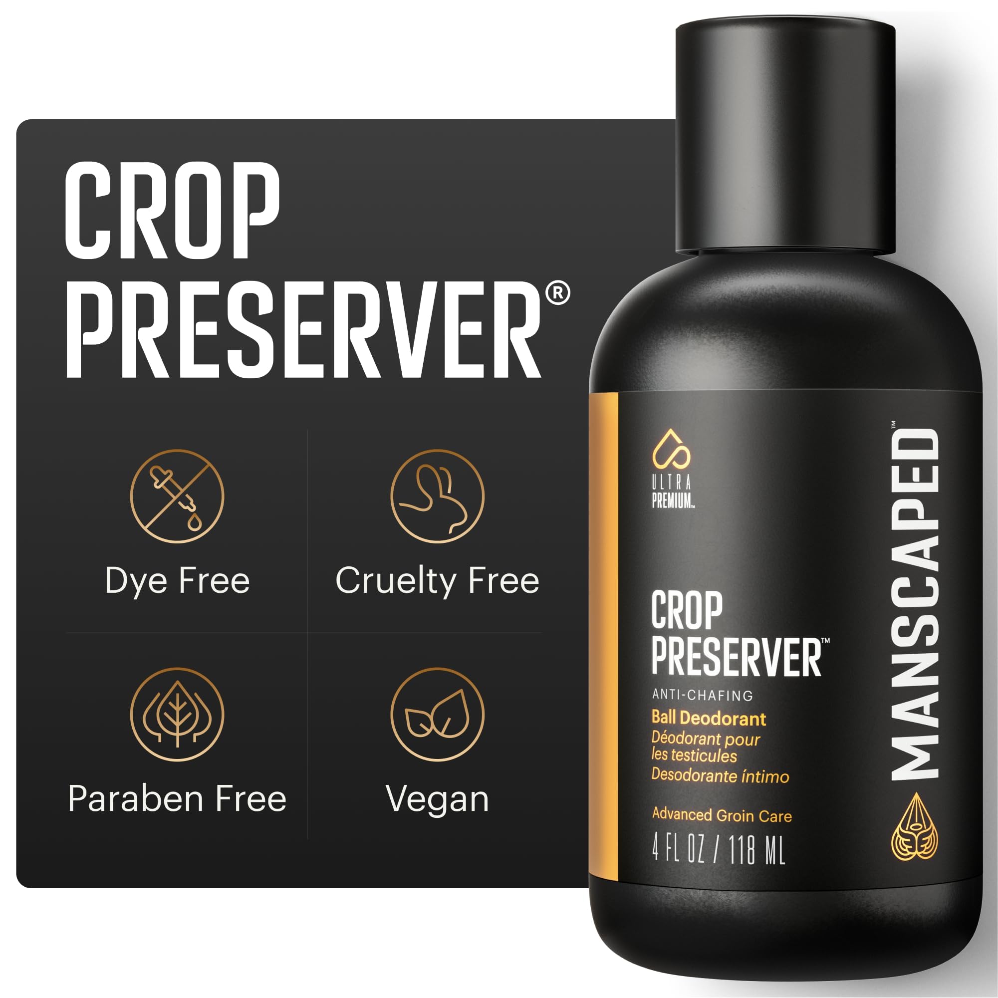 MANSCAPED Crop Preserver bottle front shows all-day moisture and refined grooming.