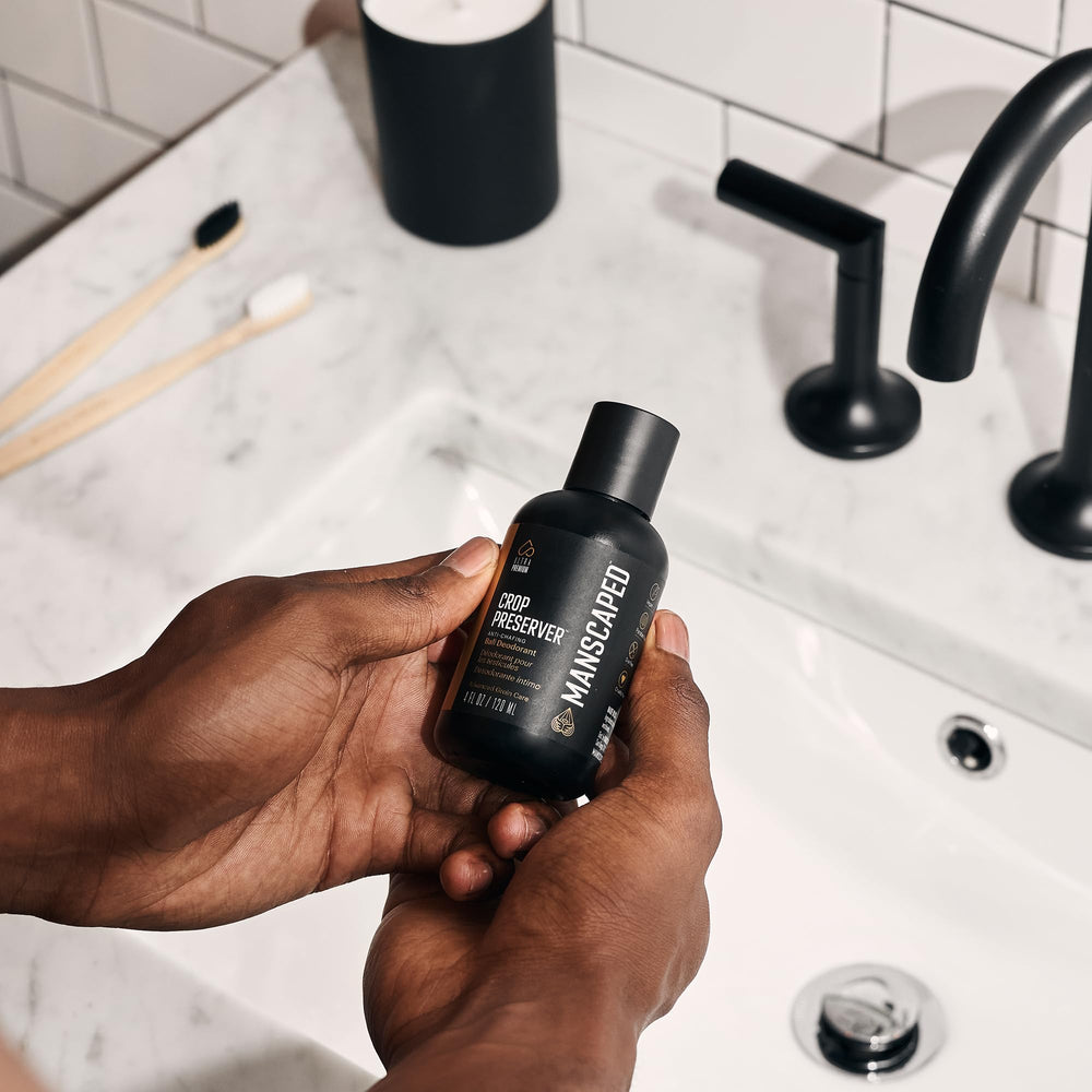 MANSCAPED Crop Preserver close-up showing creamy texture and barrier-friendly formula.
