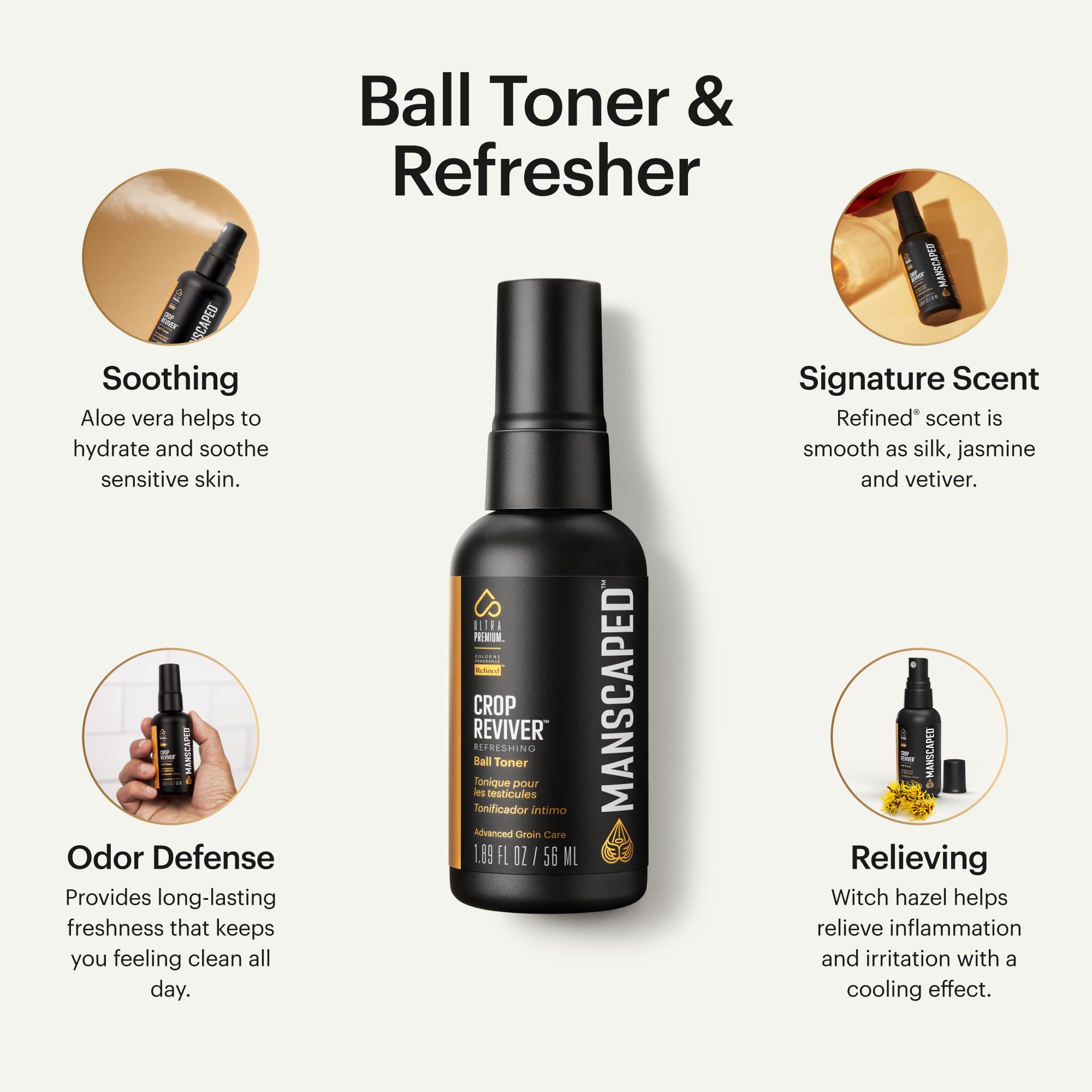 MANSCAPED Crop Reviver spray application close-up showing quick refreshing mist.
