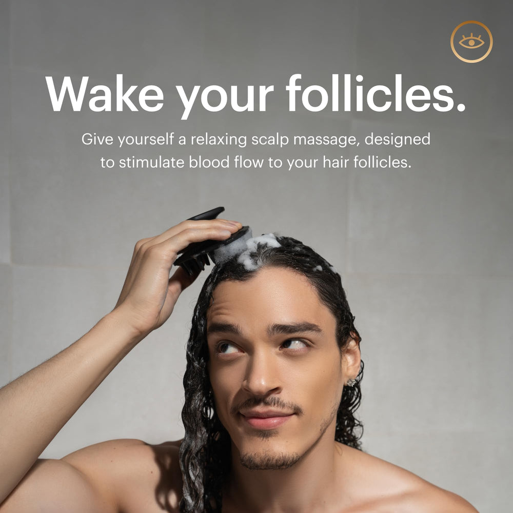 MANSCAPED Scalp Buffer in shower use demonstrating gentle exfoliation for scalp health.