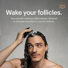 MANSCAPED Scalp Buffer in shower use demonstrating gentle exfoliation for scalp health.