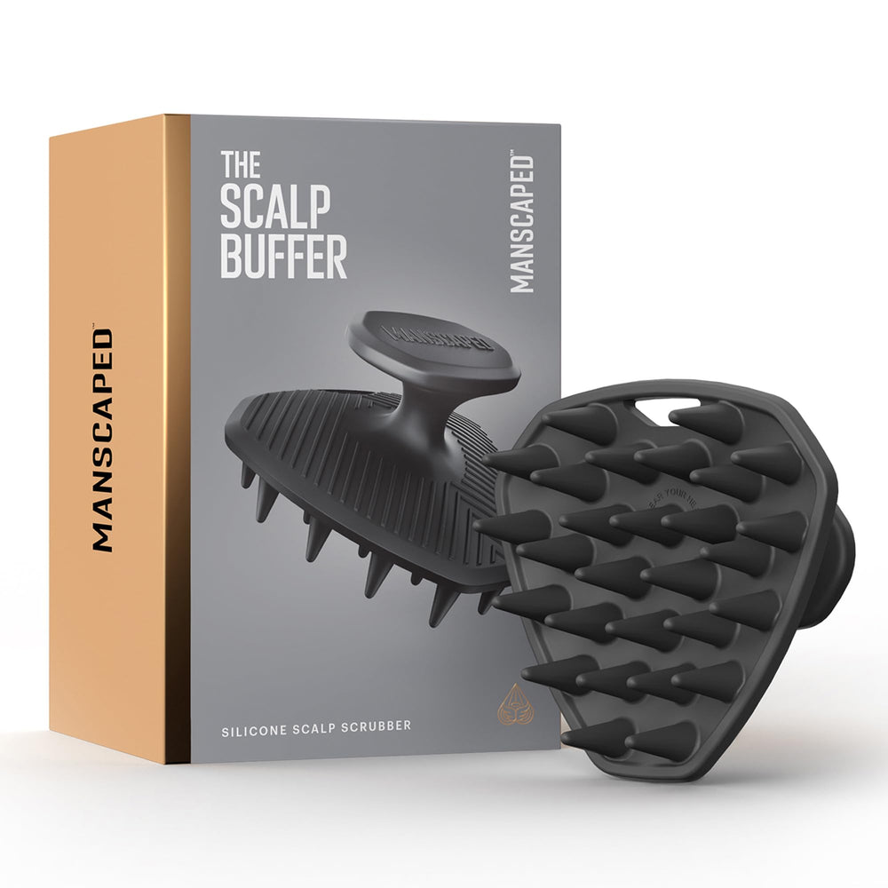 MANSCAPED Scalp Buffer product shot showcasing compact, travel-friendly design for convenient shower use.