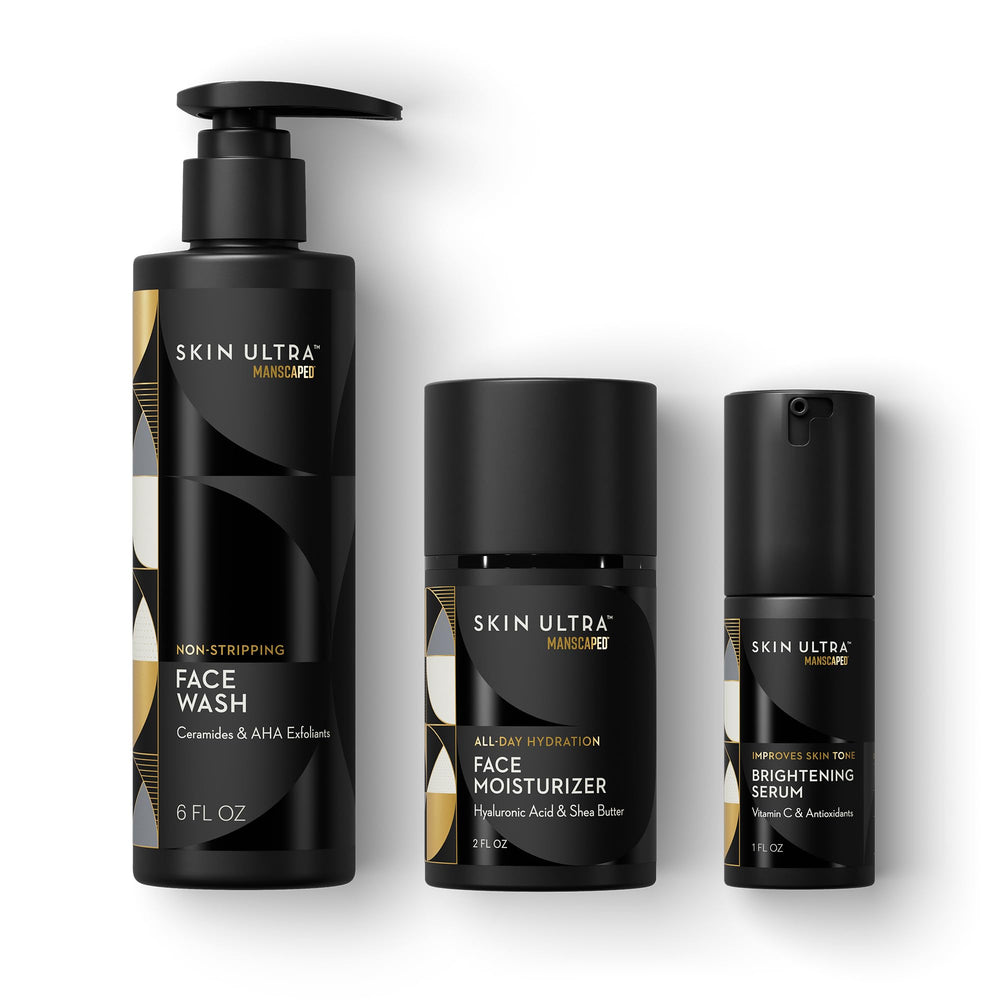 MANSCAPED Skin Ultra face wash bottle promotes brighter, smoother skin with gentle exfoliation.