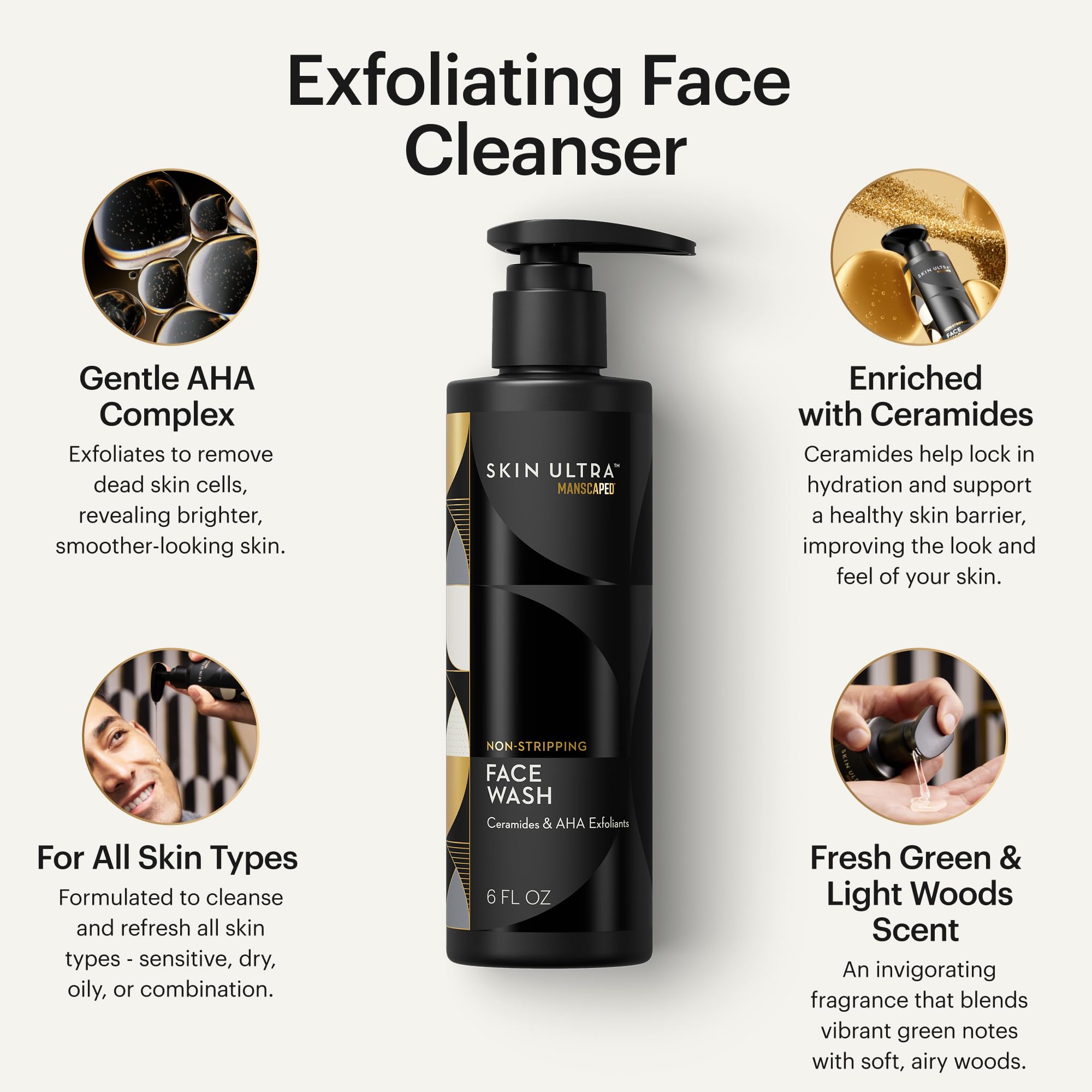MANSCAPED Skin Ultra Face Wash closeup highlights ceramides supporting moisture barrier.