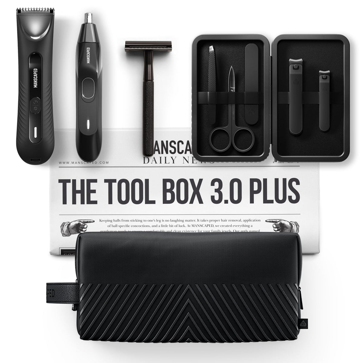 MANSCAPED Tool Box 3.0 Plus packaging highlights a travel-ready grooming kit