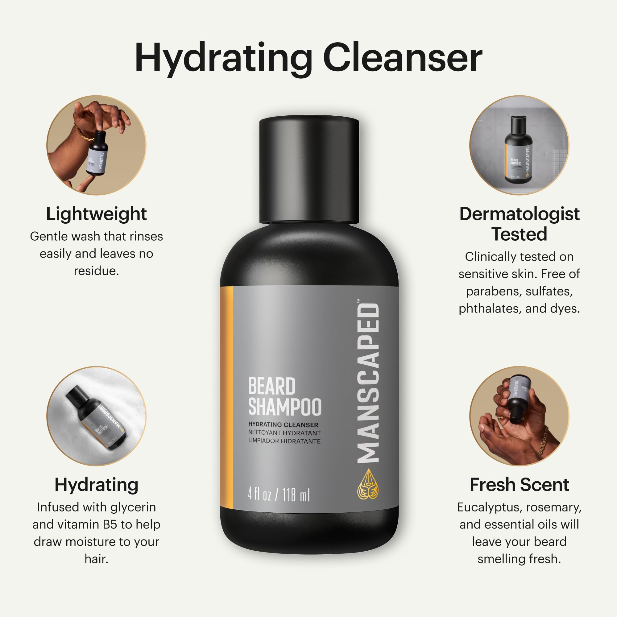 MANSCAPED UltraPremium Beard Shampoo label close-up shows essential oils for scent