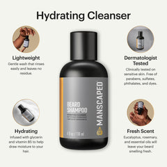 MANSCAPED UltraPremium Beard Shampoo label close-up shows essential oils for scent