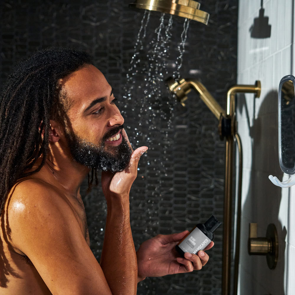 MANSCAPED UltraPremium rinse close-up shows a clean, soft beard after wash