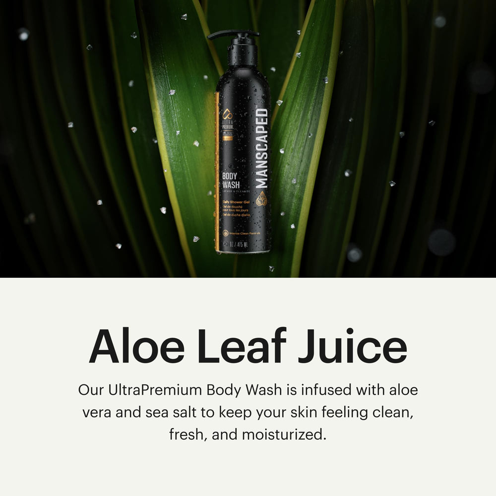 MANSCAPED UltraPremium Body Wash sea-salt exfoliation helps balance oils and pores.