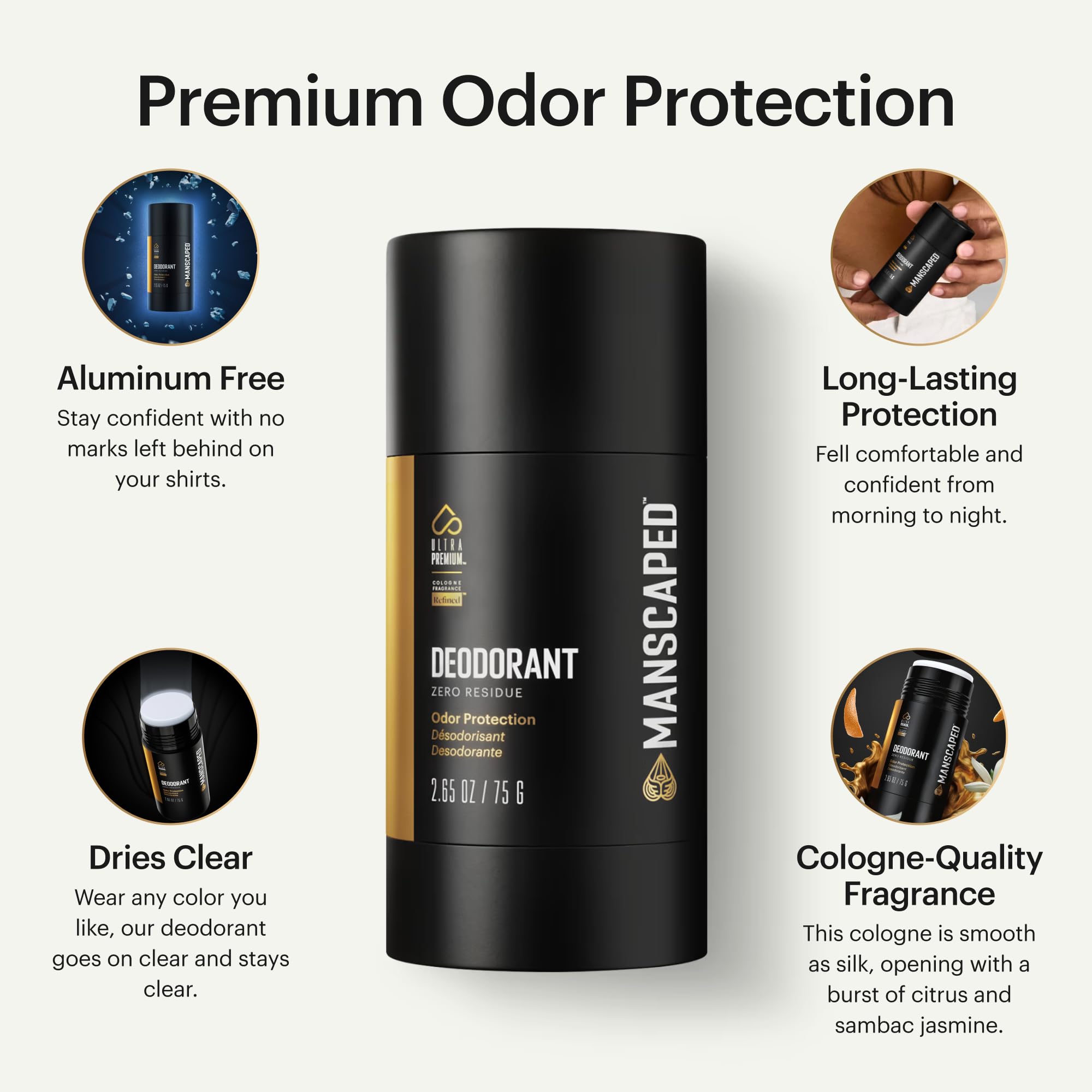 MANSCAPED UltraPremium deodorant stick closeup highlights smooth texture for confident odor protection.