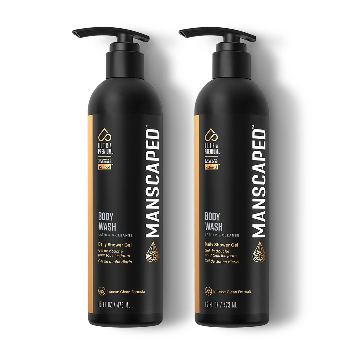 MANSCAPED UltraPremium Refined Body Wash bottle being poured for a refreshing cleanse