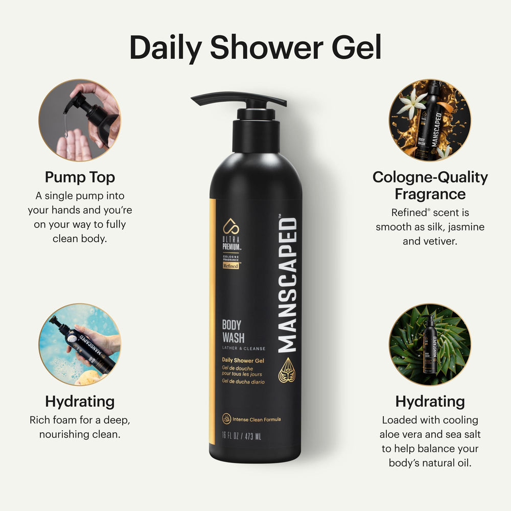 MANSCAPED UltraPremium Refined Body Wash in hands creating rich lather for daily wash