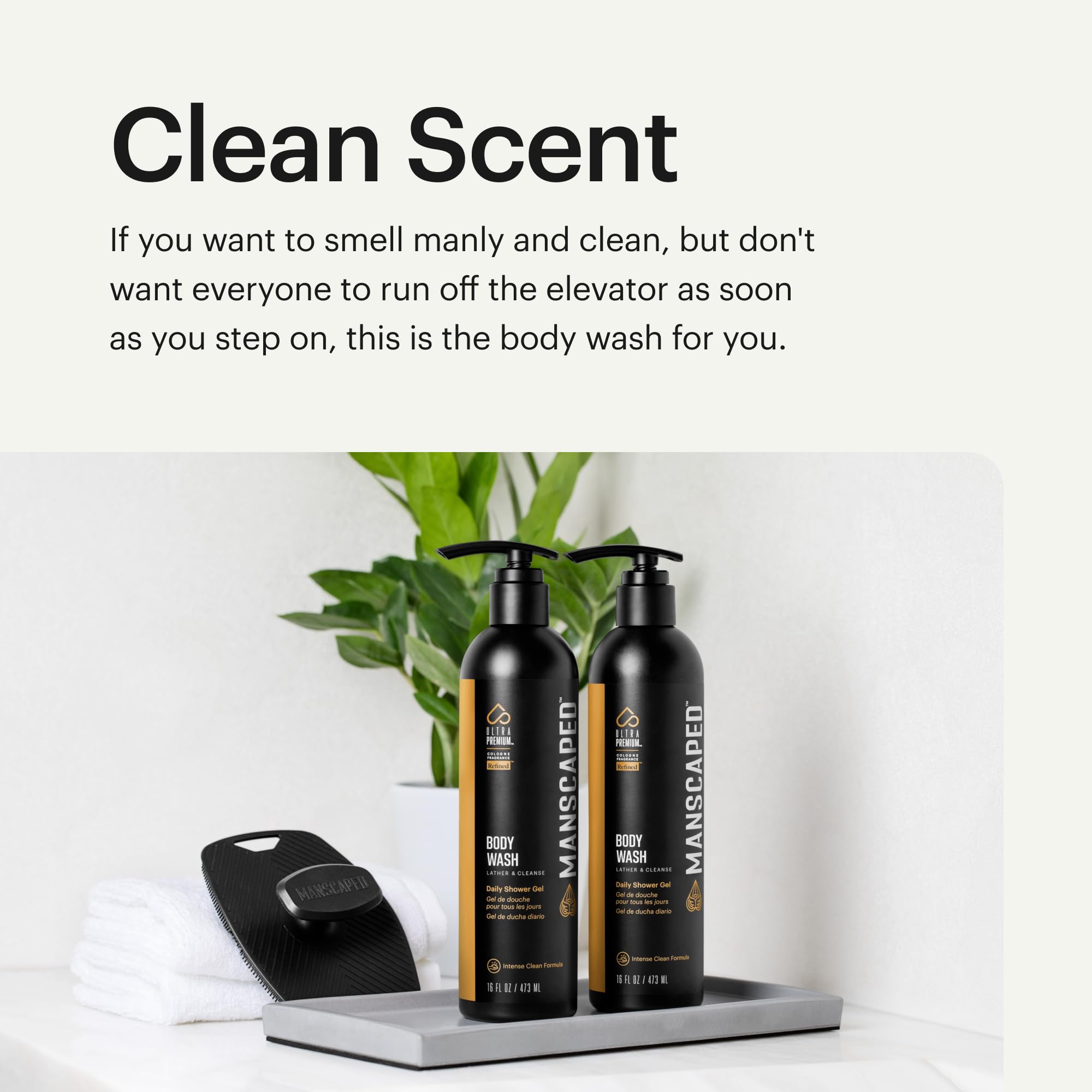 MANSCAPED UltraPremium Refined Body Wash bottle label highlighting the refined scent
