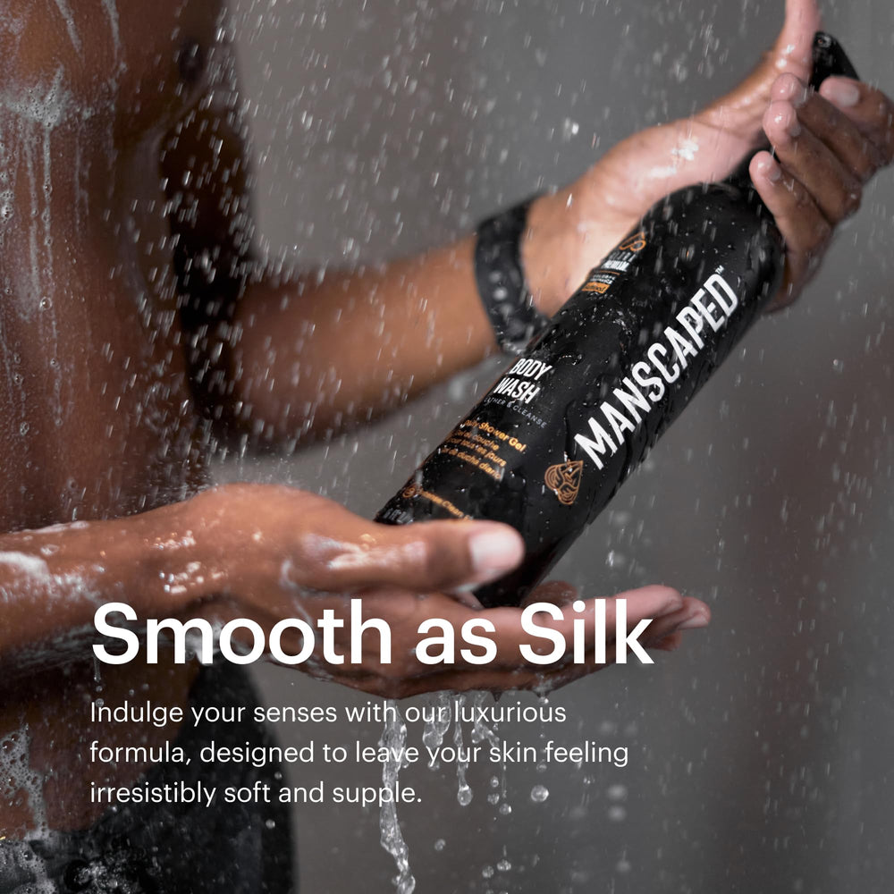MANSCAPED UltraPremium Refined Body Wash two-pack box on a bathroom shelf