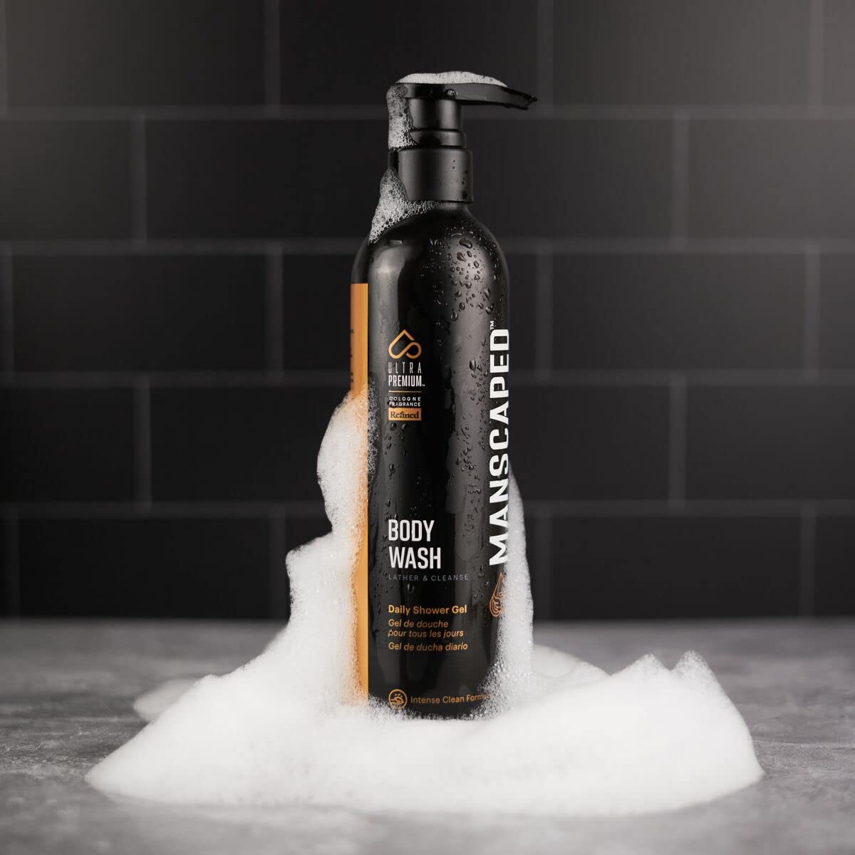 MANSCAPED UltraPremium Refined Body Wash on a washcloth forming luxurious foam