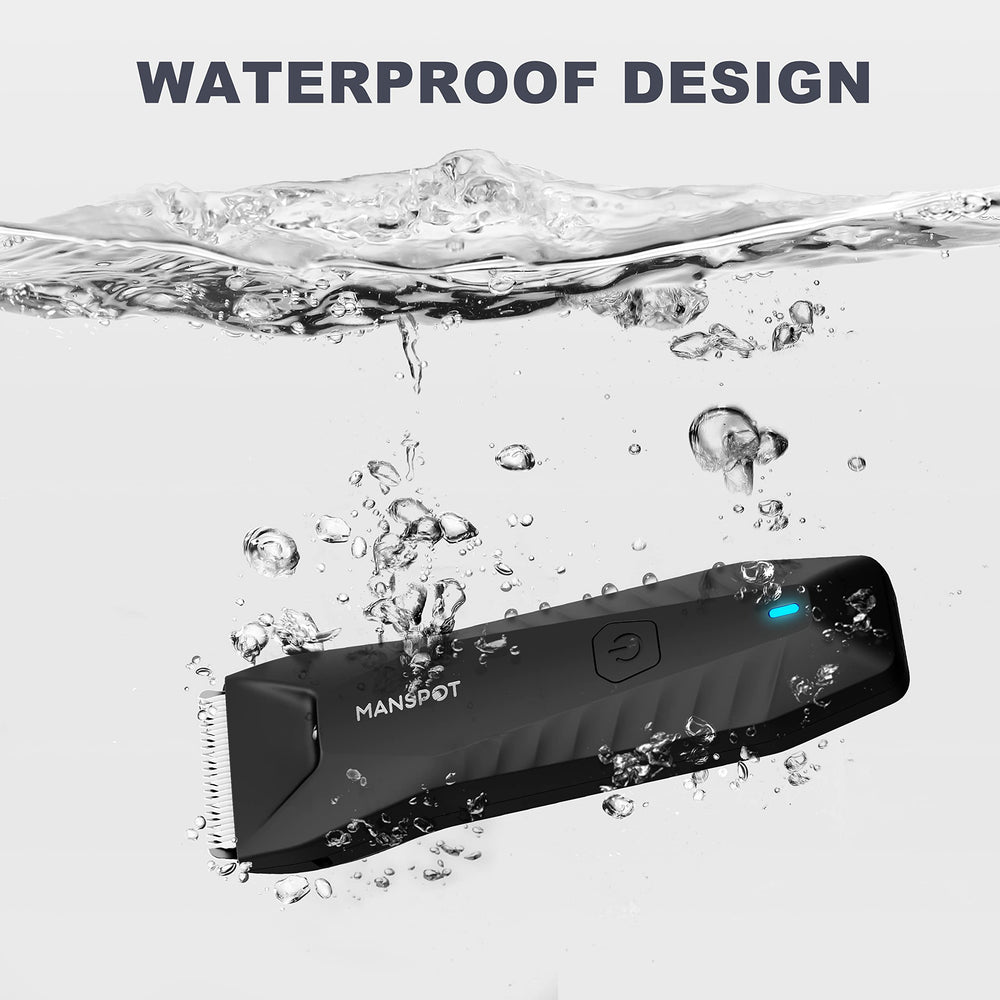 MANSPOT waterproof design shown for seamless wet/dry grooming in the shower.