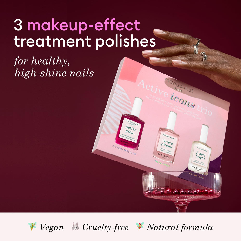 Manucurist Active Glow Blueberry bottle close-up emphasizing radiant, hydrating shine without base or top coat