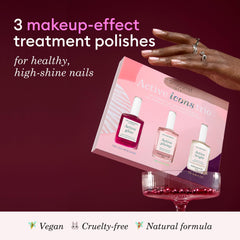 Manucurist Active Glow Blueberry bottle close-up emphasizing radiant, hydrating shine without base or top coat