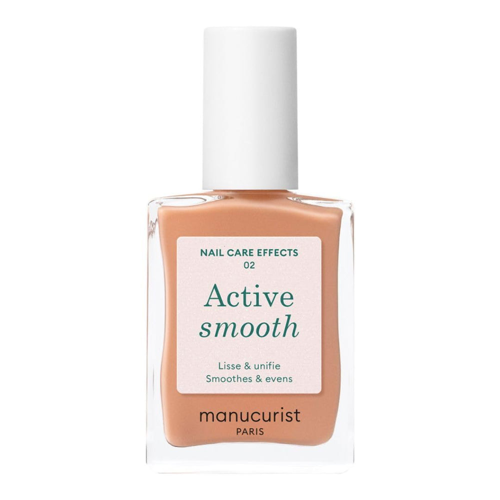 Botella de Manucurist Active Smooth 02 con esmalte nude y dorado suave.