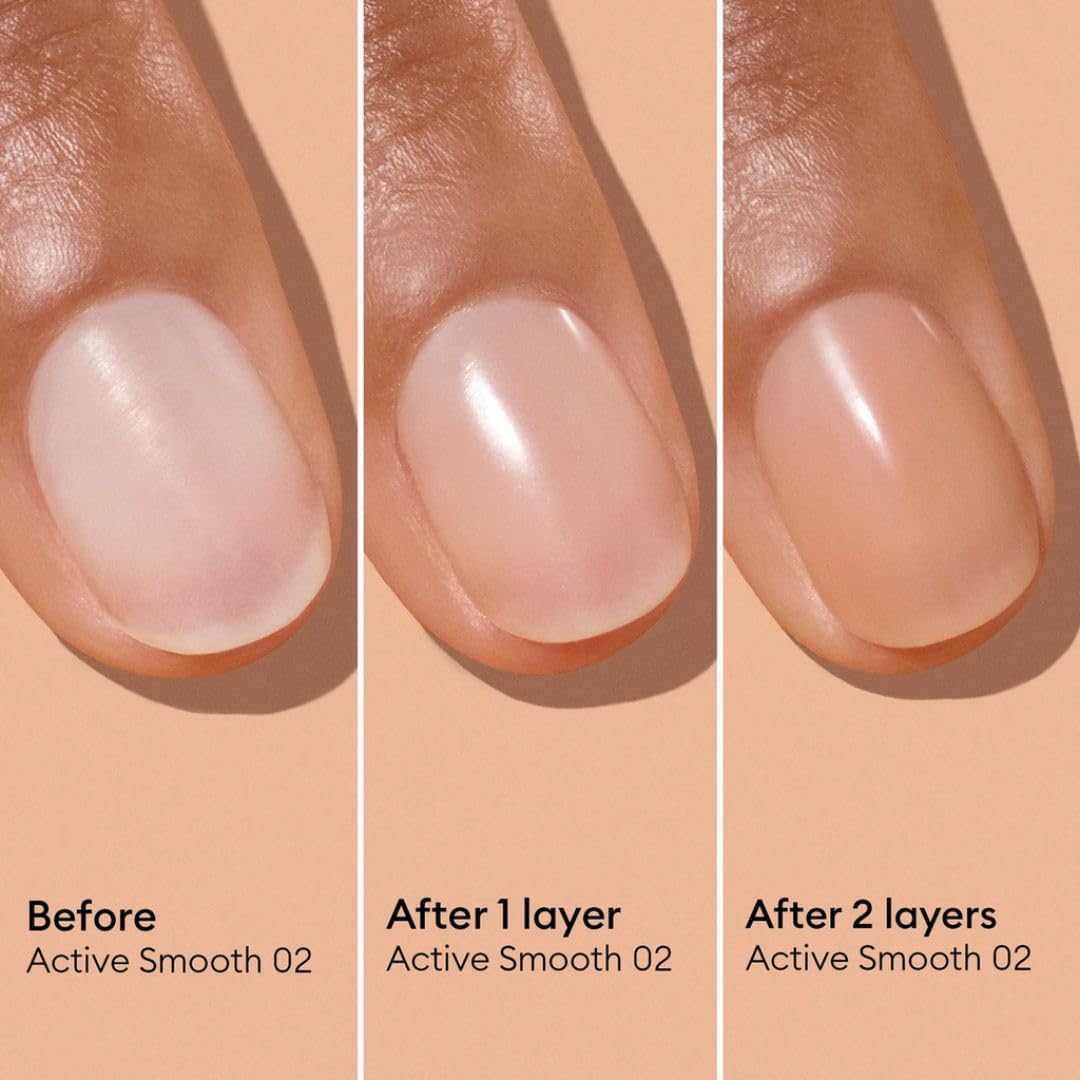 Manucurist Active Smooth 02 nude swatch on nail showcases natural coverage.