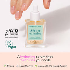 Manucurist Complete Serum applied to cuticles for moisturized protection.