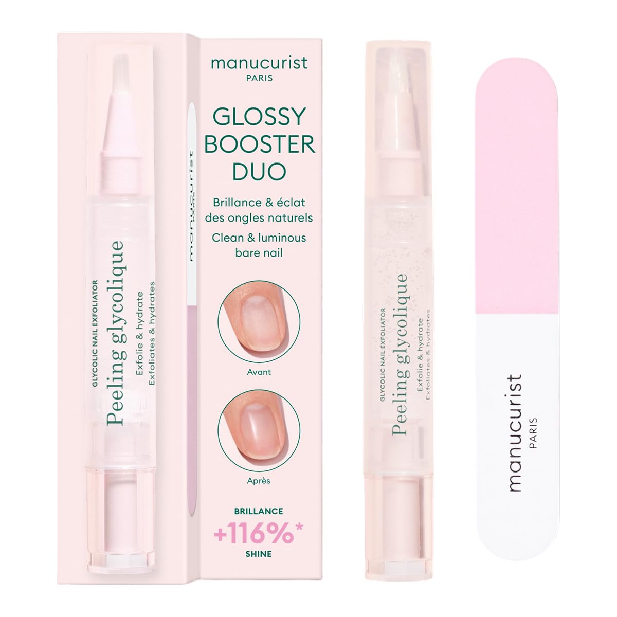 Manucurist Glossy Booster Duo Glycolic Peel Pen delivers precise exfoliation for brighter natural nails