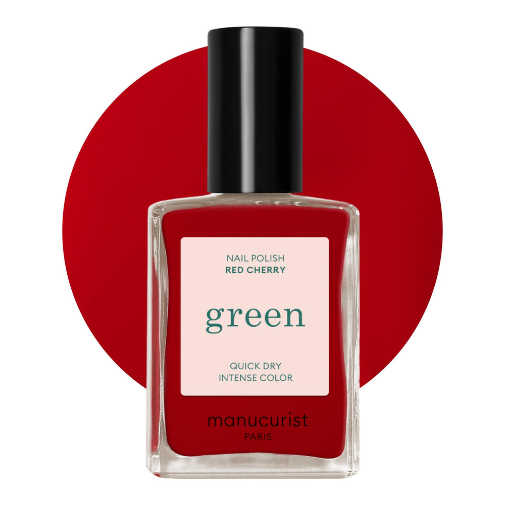 Manucurist Green Red Cherry bottle closeup showing plant-based, long-wear color.