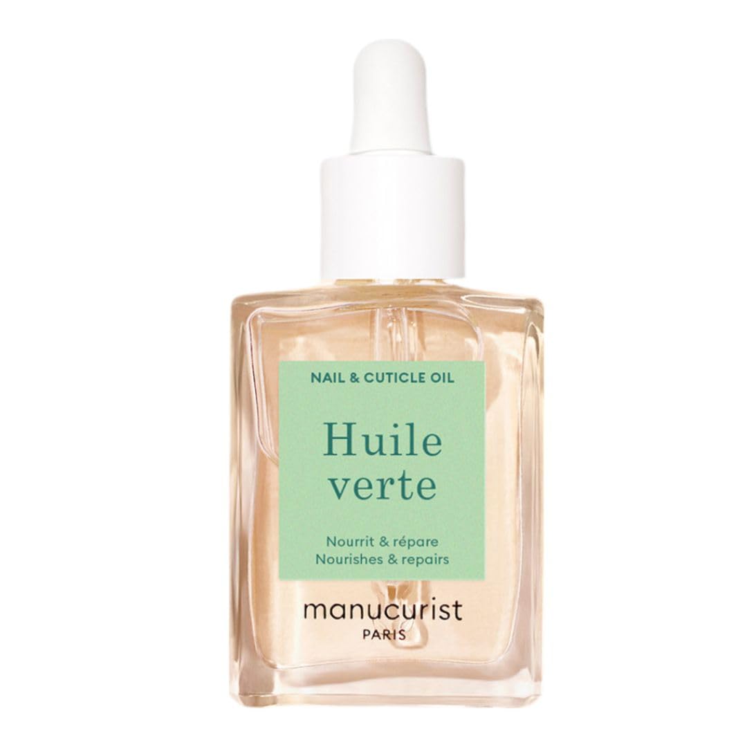 Manucurist Green Oil bottle closeup nourishes nails and cuticles.