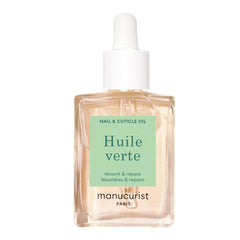 Manucurist Green Oil bottle closeup nourishes nails and cuticles.