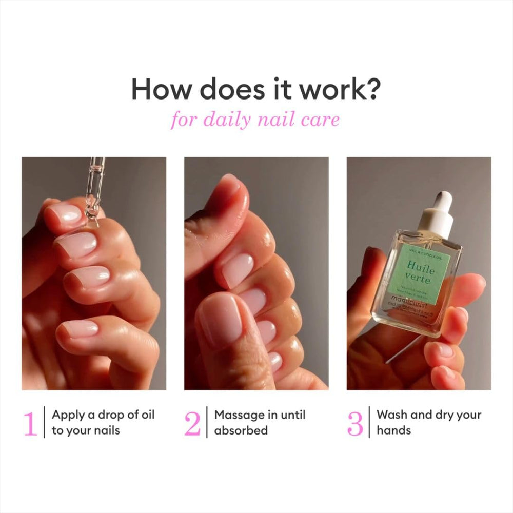 Manucurist Green Oil on nails and cuticles promotes healthy hydration.
