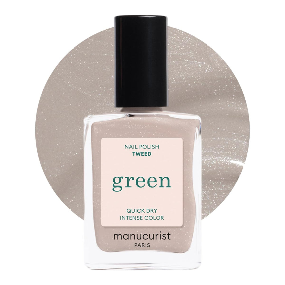 Manucurist Green Tweed bottle closeup showing pearly grey polish for an elegant manicure