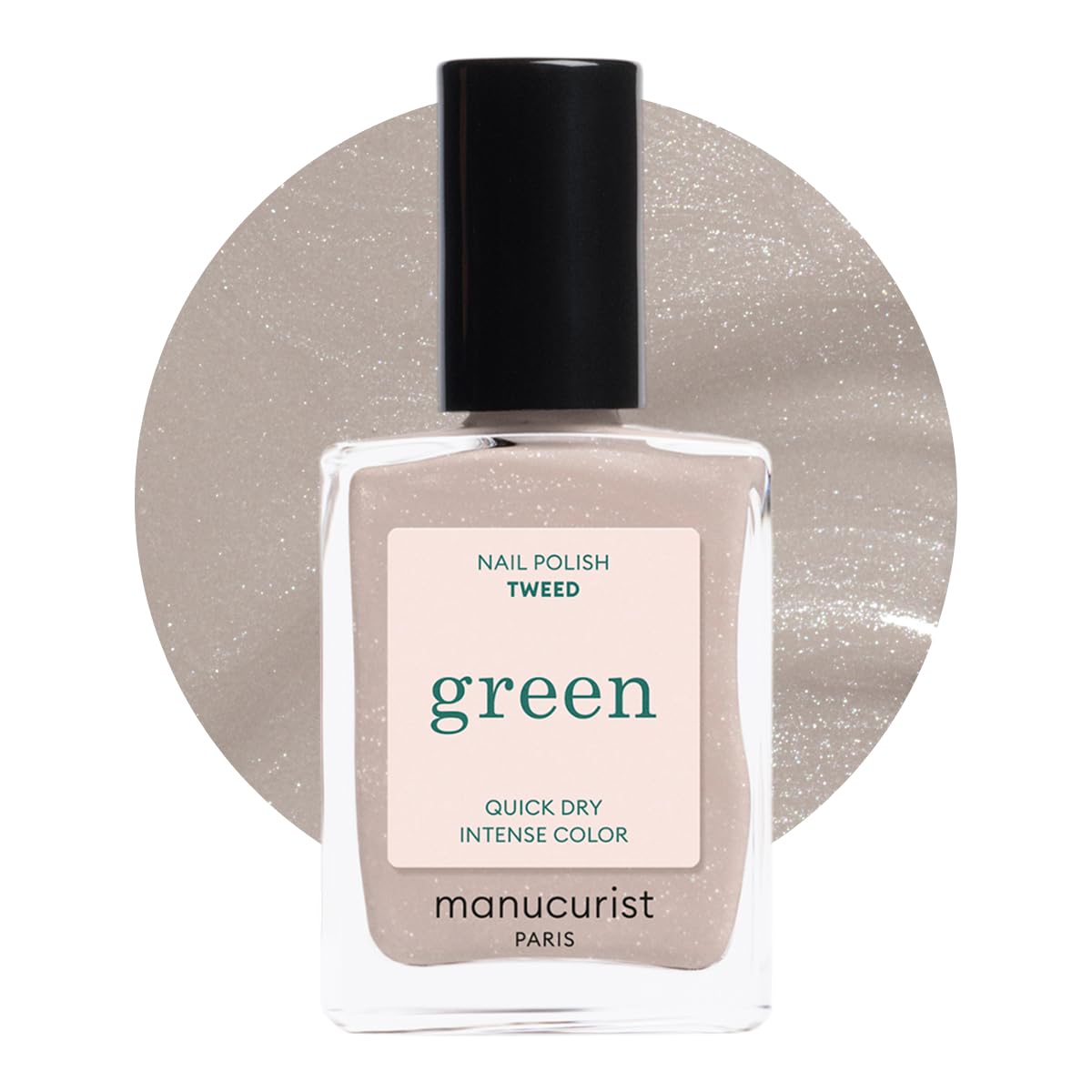 Manucurist Green Tweed bottle closeup showing pearly grey polish for an elegant manicure