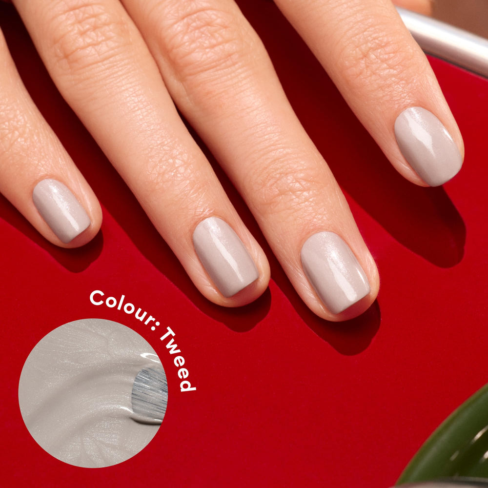 Manucurist Green Tweed nails during application highlighting smooth, beginner-friendly formula