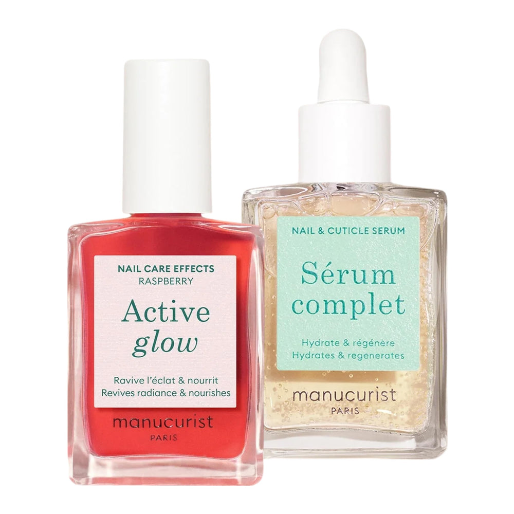 Manucurist Healthy Glow Duo Active Glow nail polish bottle showcasing raspberry pink shine and quick-dry formula.