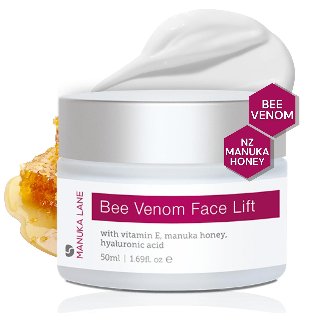 Manuka Lane bee venom cream jar promotes skin firming and glow.