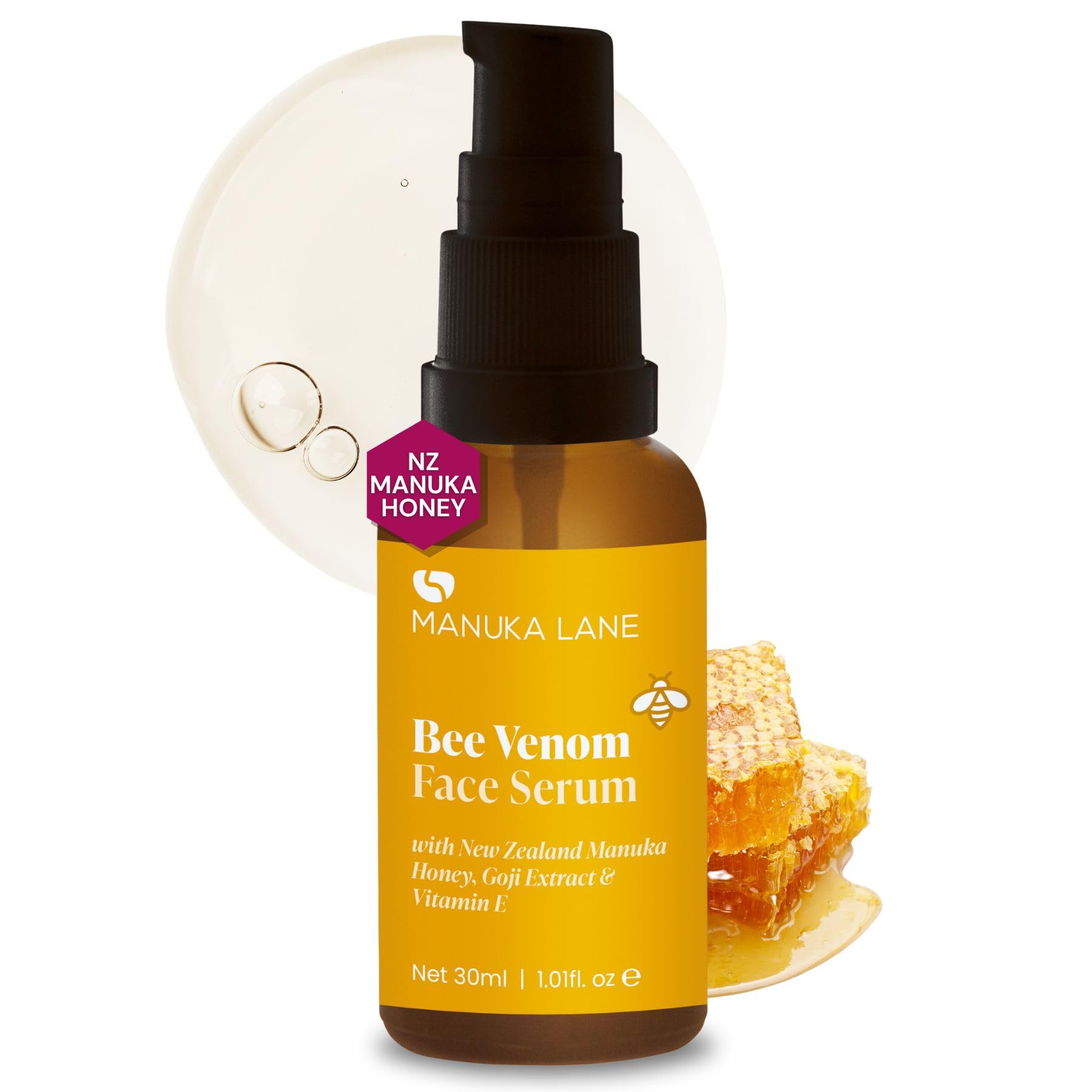 Manuka Lane Bee Venom Serum bottle closeup for premium hydration skincare.